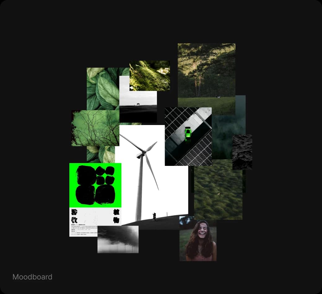 Moodboard 1, selected: green and black — nature, wind turbines and lime accents
