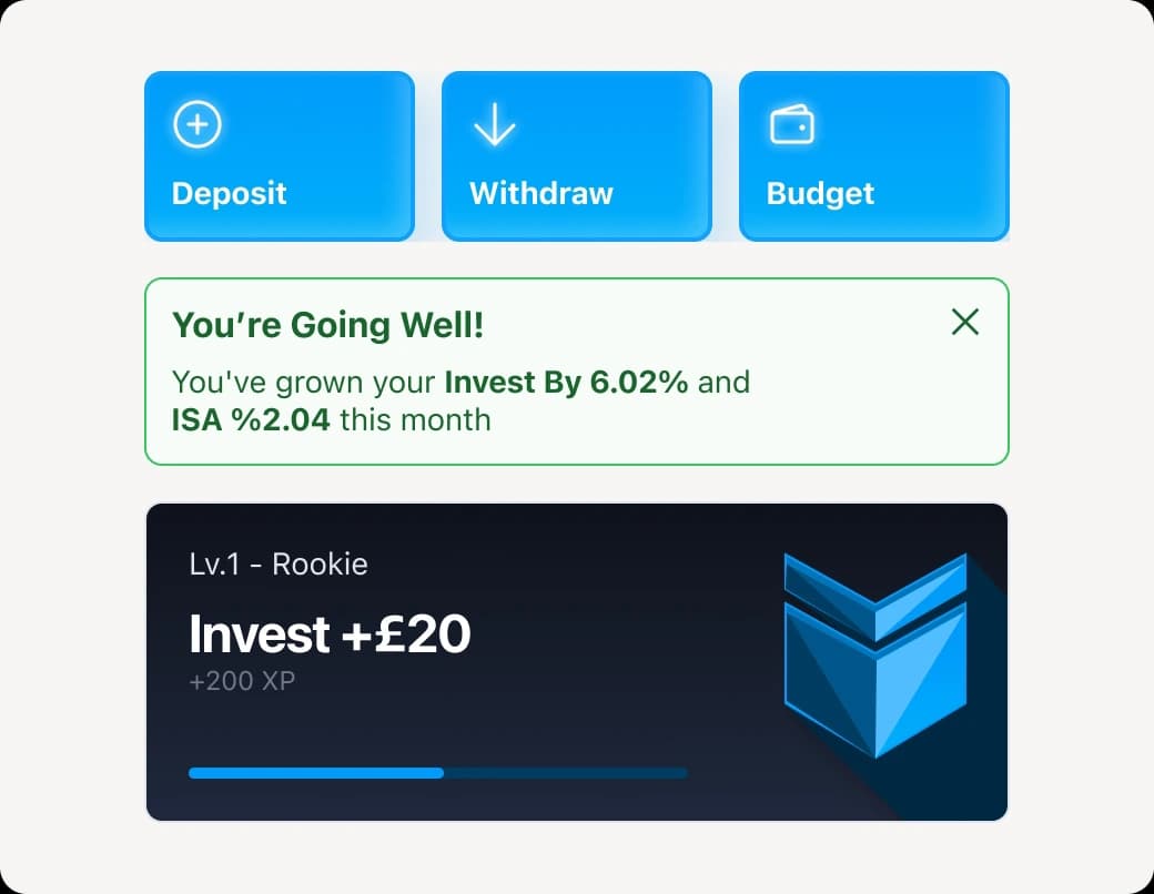 Real components from the app: Deposit, Withdraw and Budget buttons, the “You’re going well” nudge and the Lv.1 task card