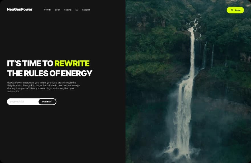 NeuGenPower home page hero: “It’s time to rewrite the rules of energy” beside a waterfall