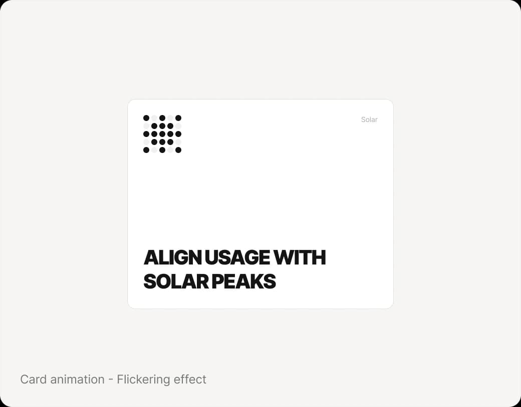 Solar category card with a dot-matrix icon that flickers on like an old light bulb