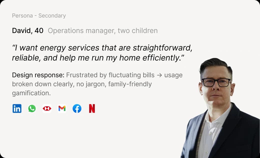 David, 40, operations manager with two children: wants straightforward, reliable energy services that help run the home efficiently.