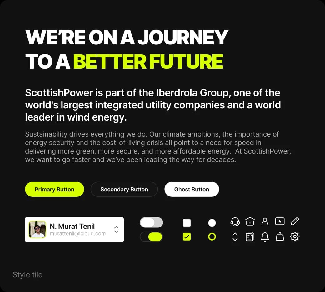 Style tile: headline, body copy, primary, secondary and ghost buttons, inputs and icons