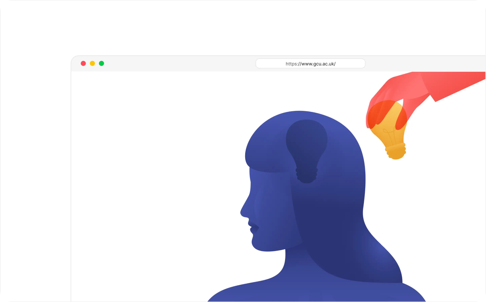 A blue silhouette of a head with a lightbulb inside it, and a hand placing a glowing bulb, in a browser window