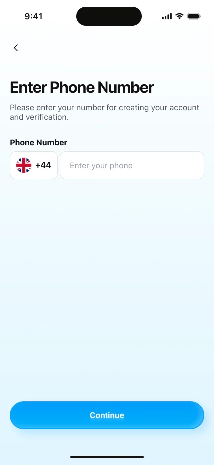 Phone: It starts with one field, not a long form. The country code is already set to the UK.