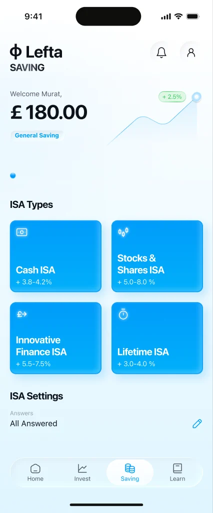 Saving: Total saved, then the four UK ISA types as cards with their rates, so they can be compared at a glance.