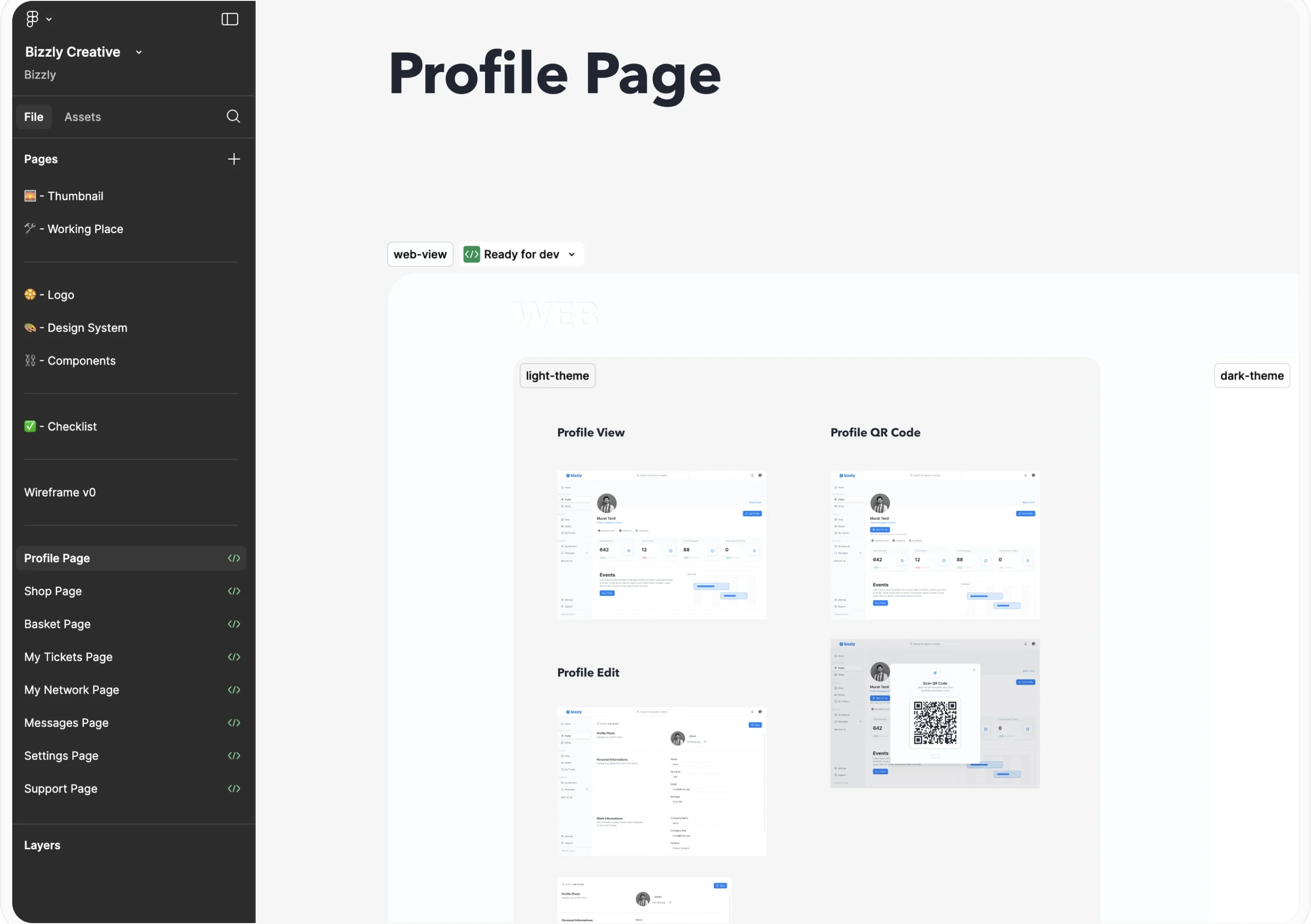 Design file: Each page in the file, with light and dark versions ready for development.