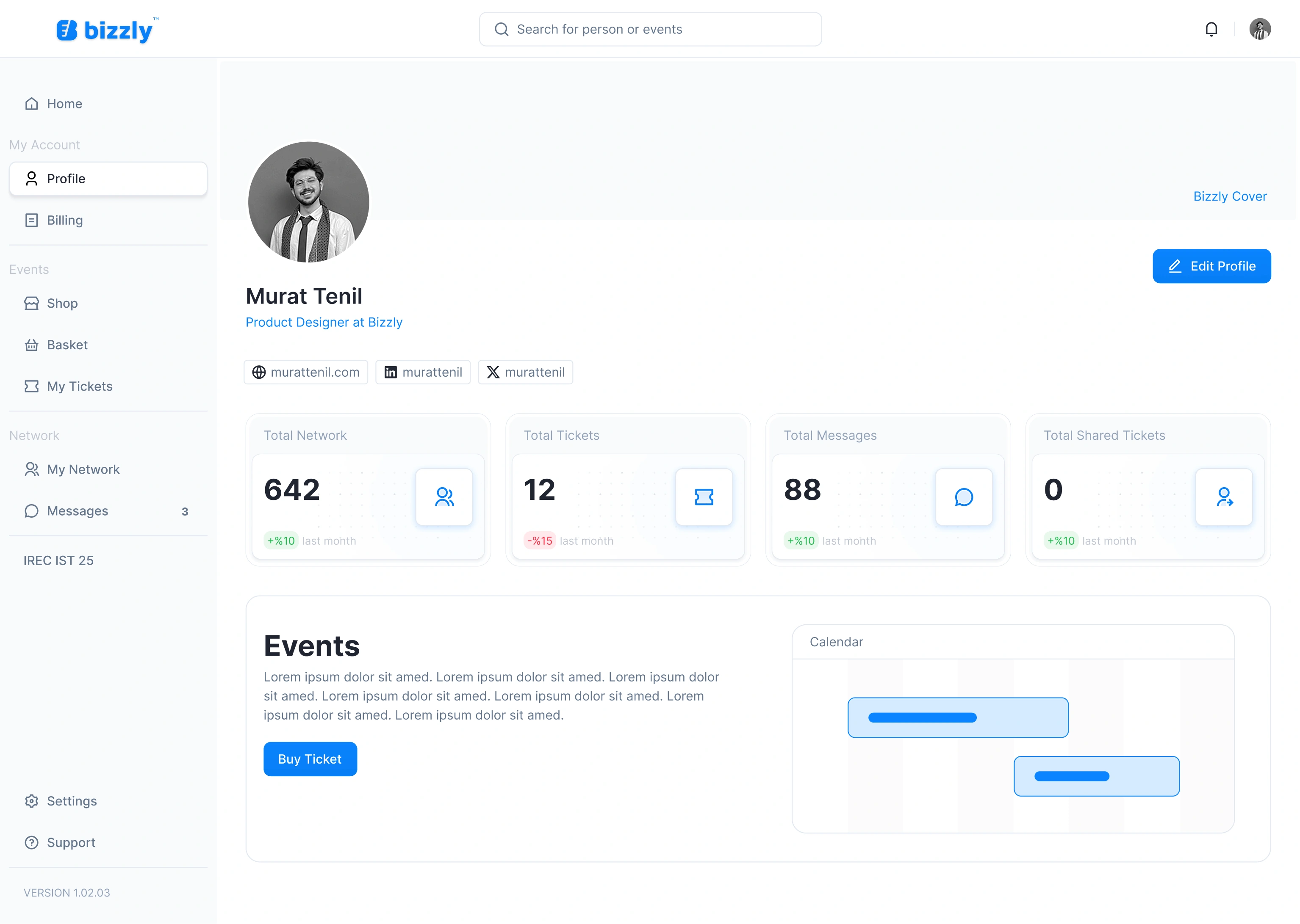 Profile: The profile, with network, tickets and messages at a glance.
