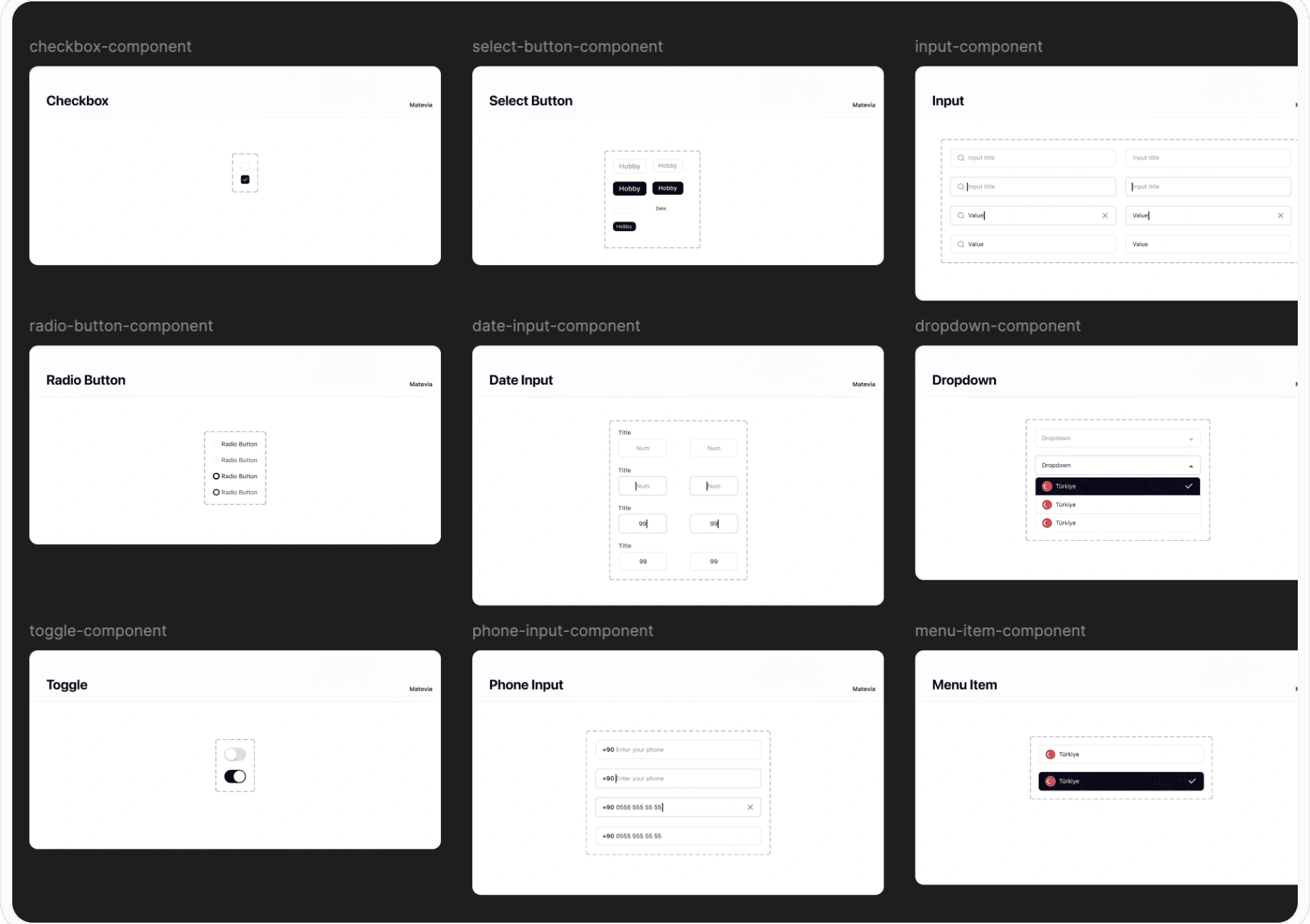 Components: The component set: checkbox, buttons, inputs, radio, date, dropdown, toggle, phone input, menu.