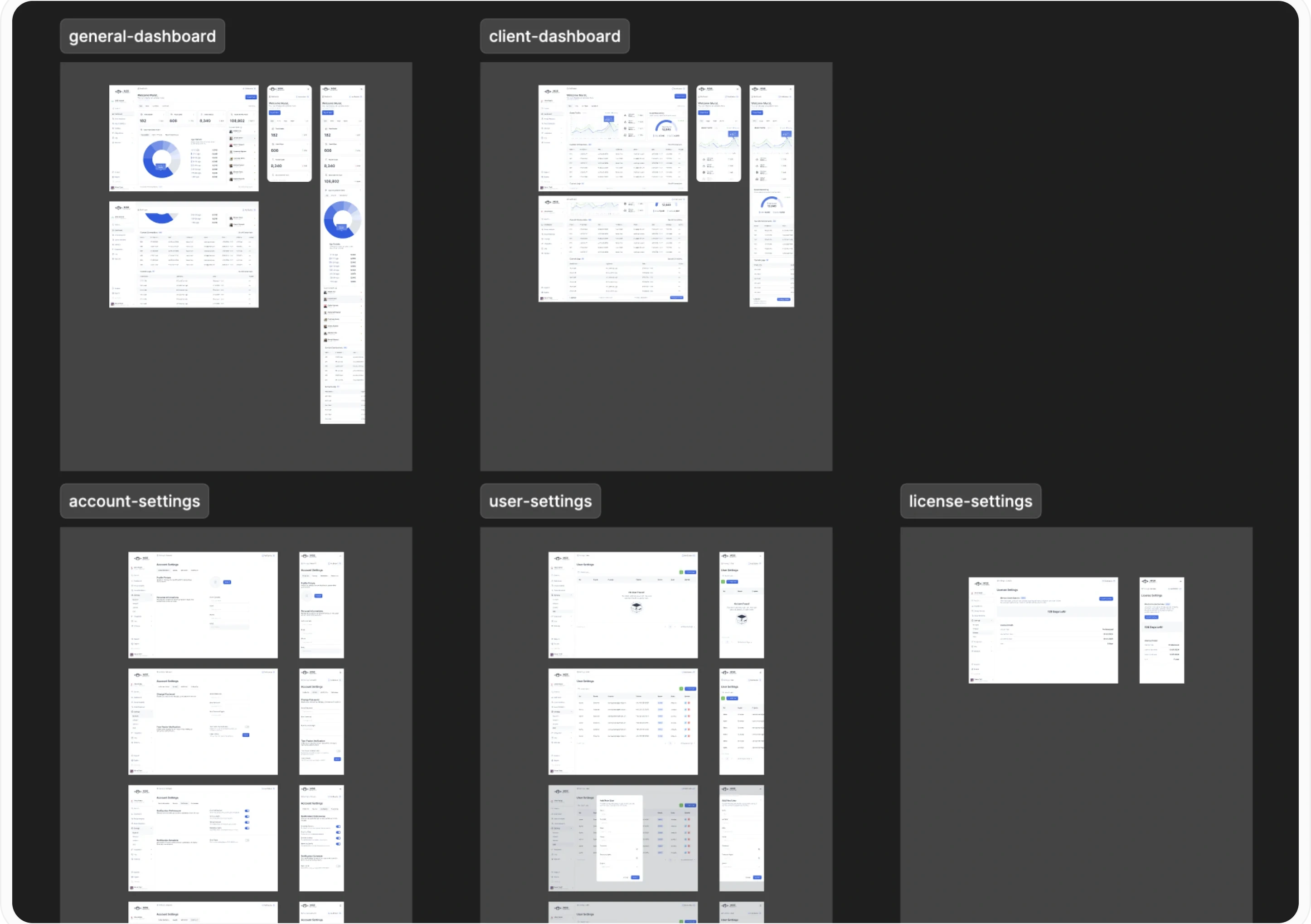 Design file: Dashboards and settings, page by page, in the design file.