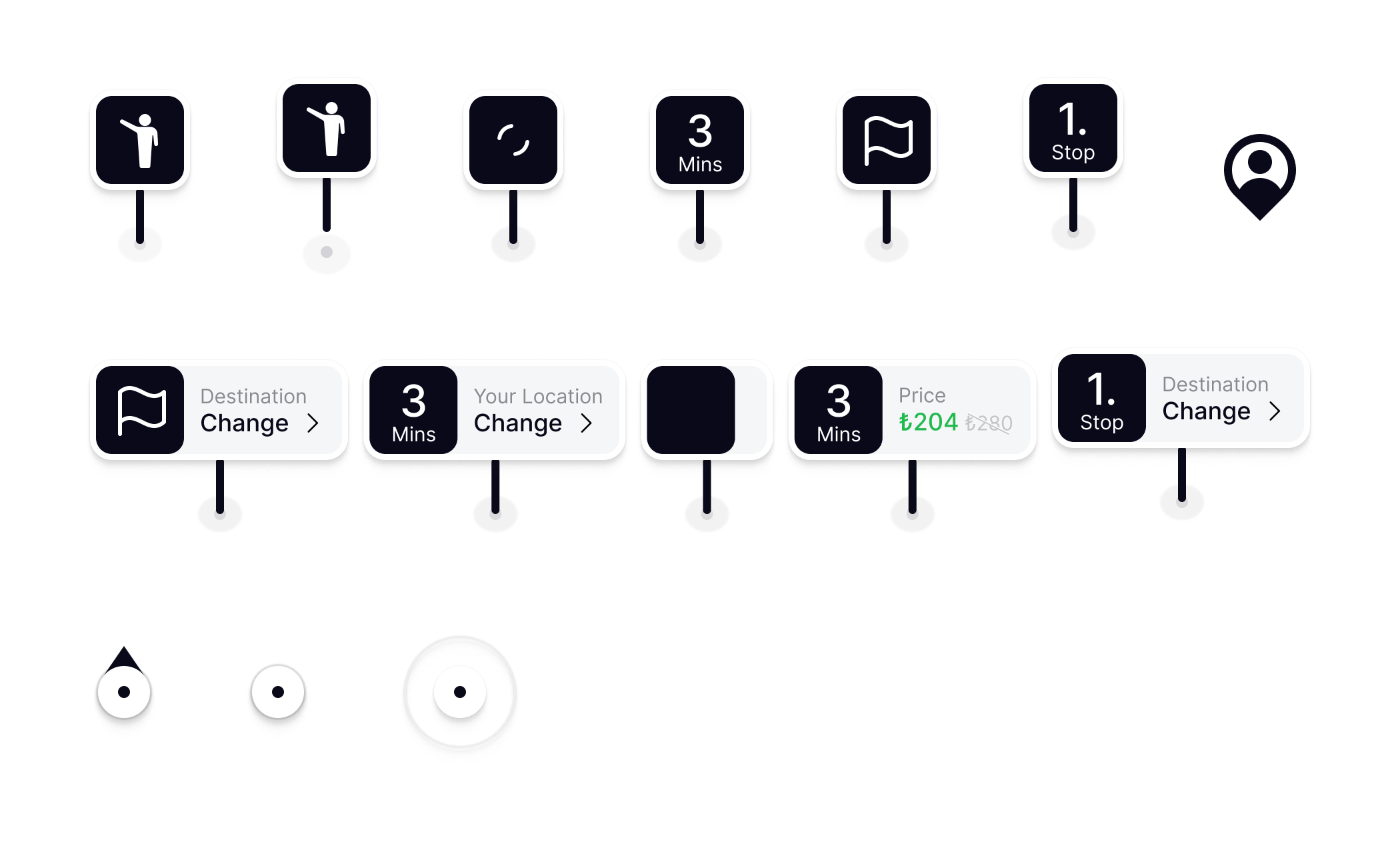 VitGO map icons: passenger pins standing and lifted, a loading pin, a 3 Mins pin, destination flags with Change, a price pin with ₺204, numbered stop pins, a profile pin, and live location dots with heading and accuracy rings