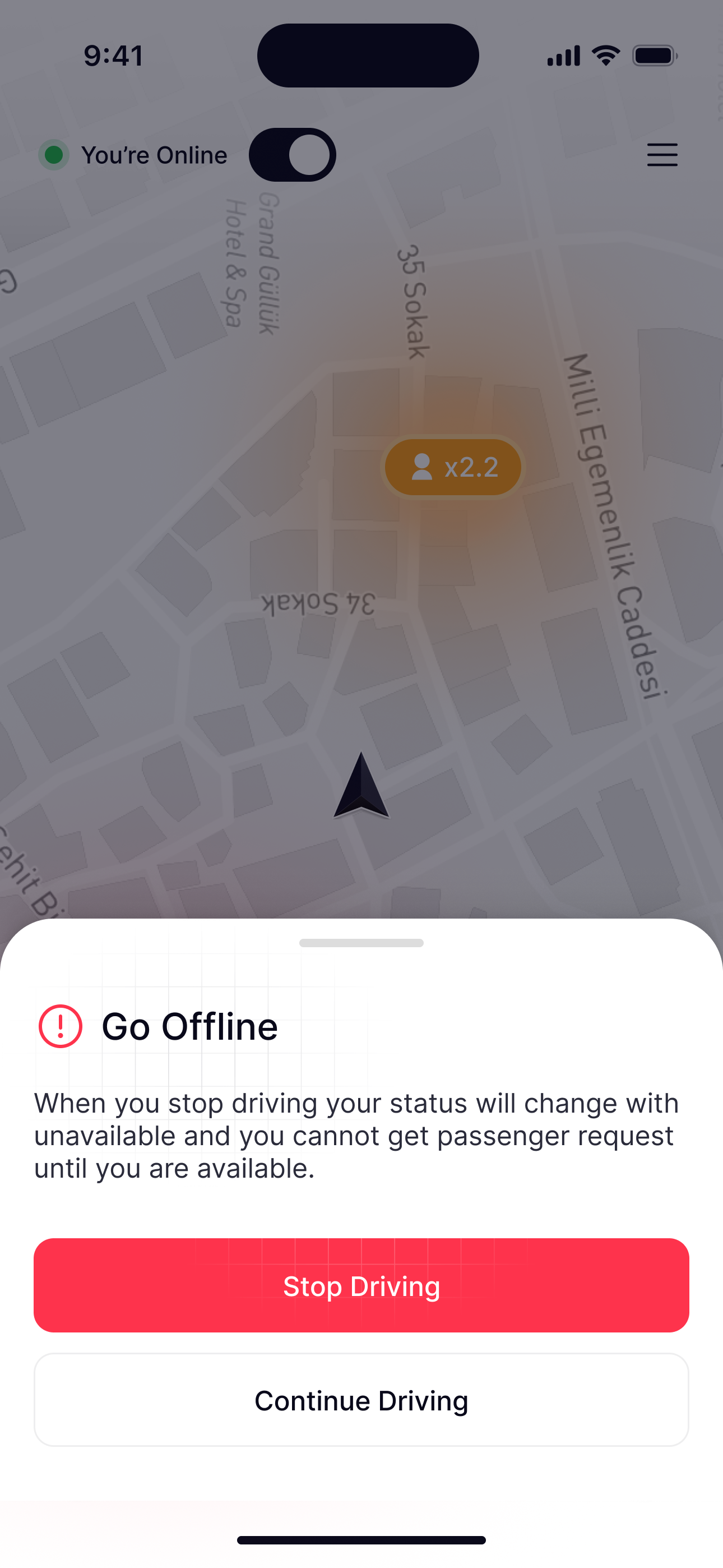 Go offline: Stopping asks once and says what it means: no more requests until you’re back. Continue Driving sits right under it.