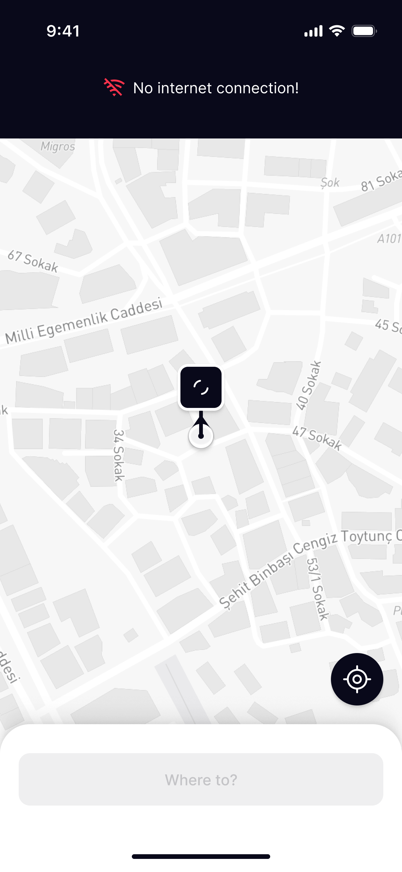 No internet: The status bar turns into No internet connection!, the pin keeps spinning and Where to? is disabled, so nobody requests a ride that can’t reach a driver.