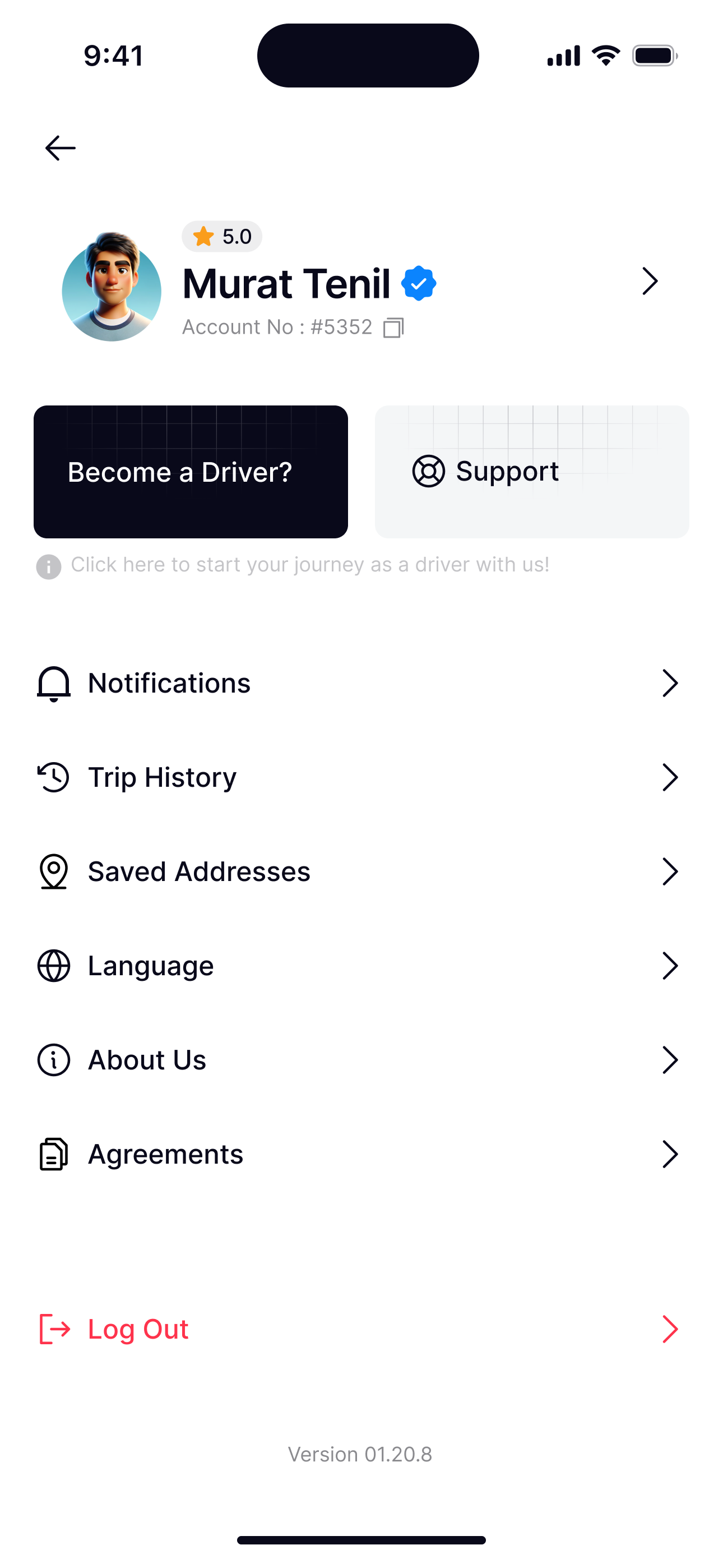 Menu: Support sits right next to Become a Driver?, so the menu also invites passengers into the other side of the app.