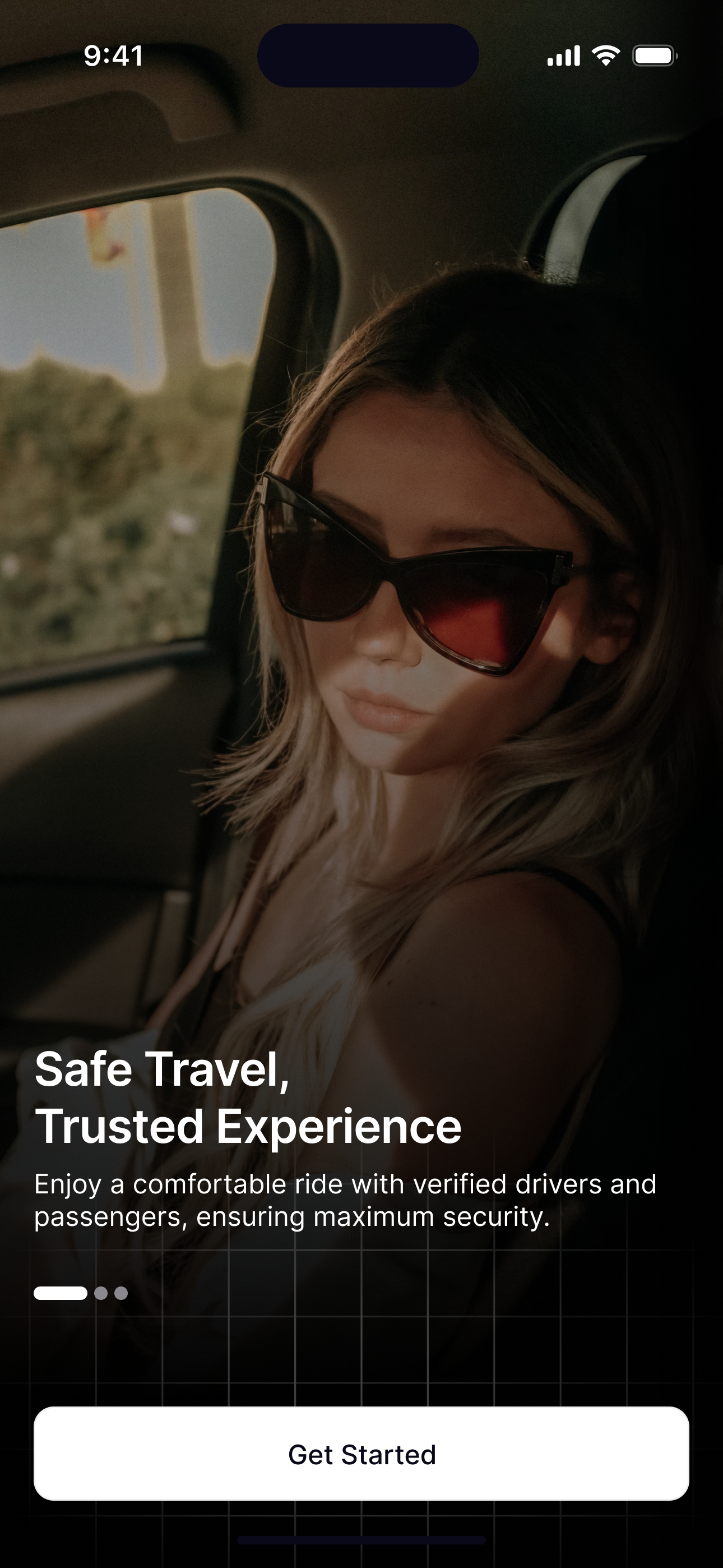 Welcome: The first screen sets the tone: safe travel, trusted experience, over a real ride.