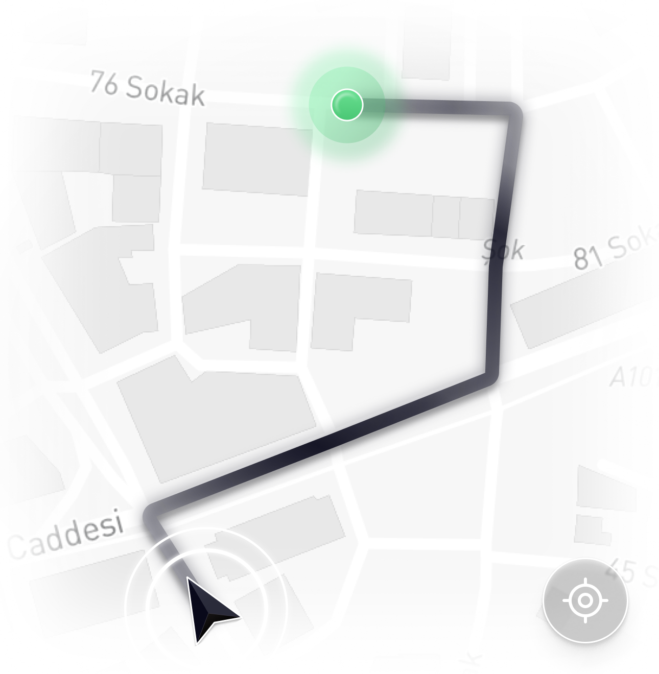 A route drawn across a map from a navigation arrow to a glowing green destination dot