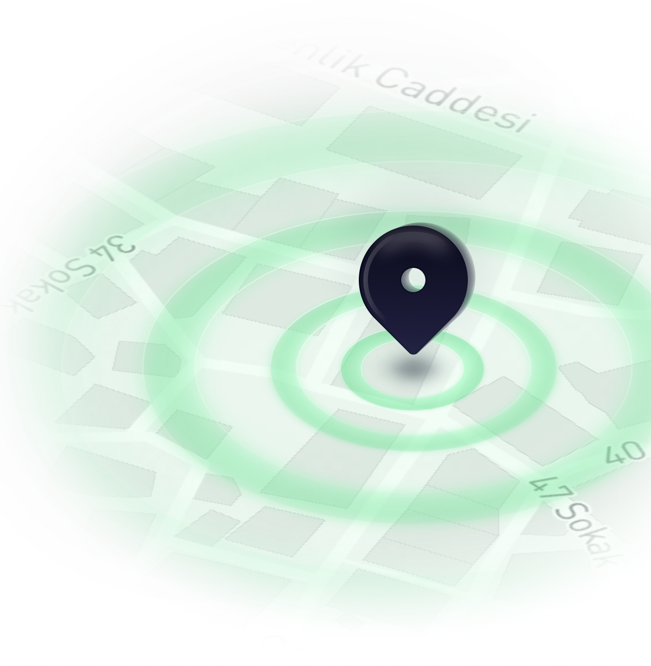 A map tilted in 3D with a pin at its centre, sending out soft green rings like radar