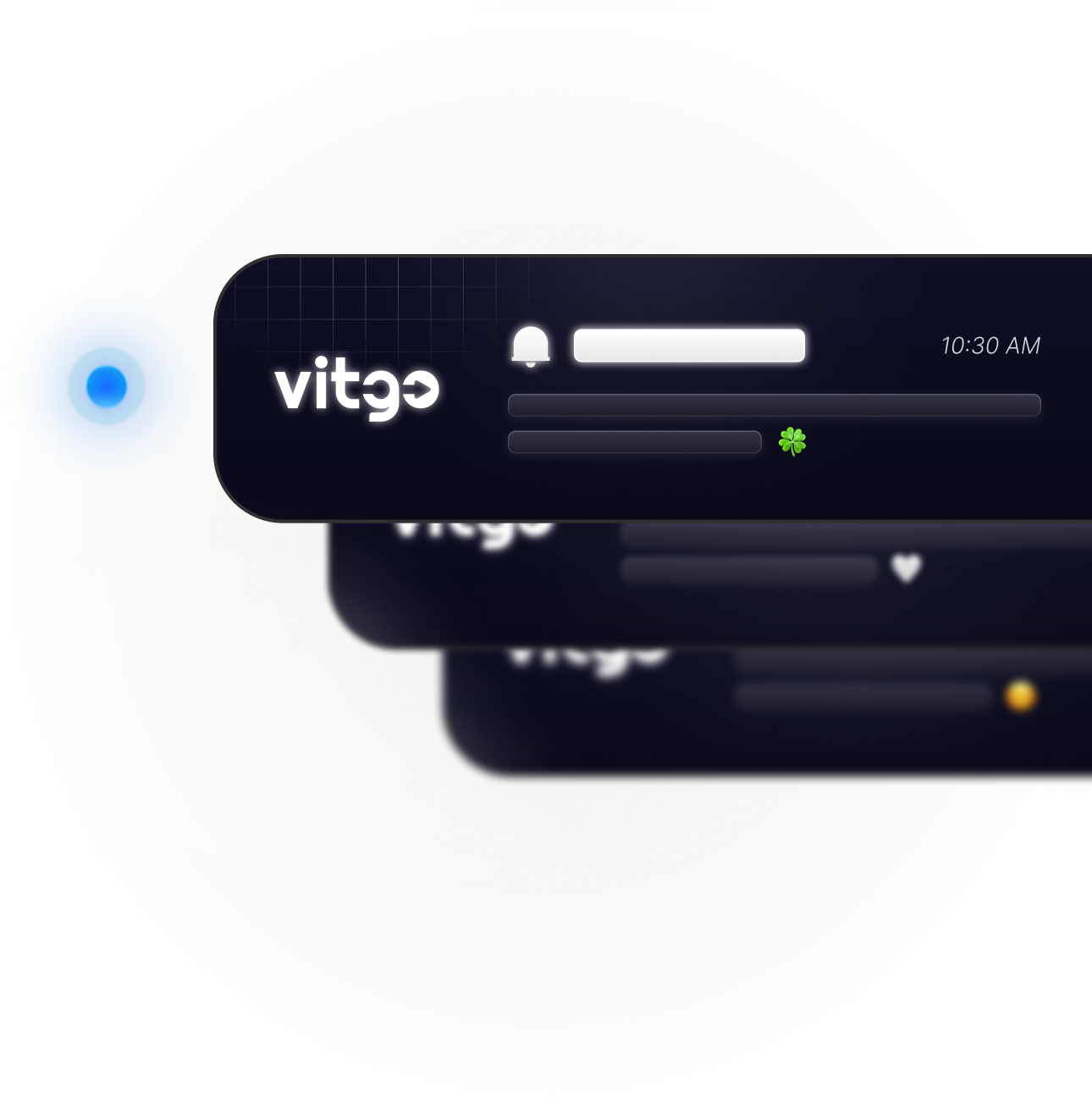 Stacked dark notification cards from the app sliding in, with a glowing blue dot