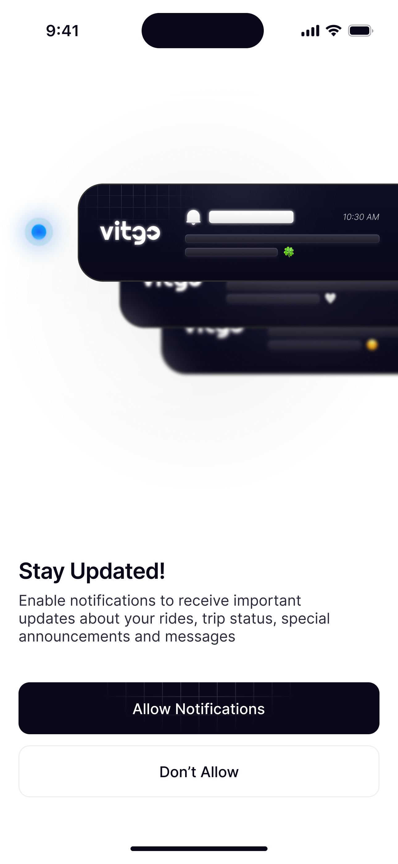 Notifications: The illustration is the benefit: real notification cards stacked and sliding in, so people see what they’ll get before they decide.