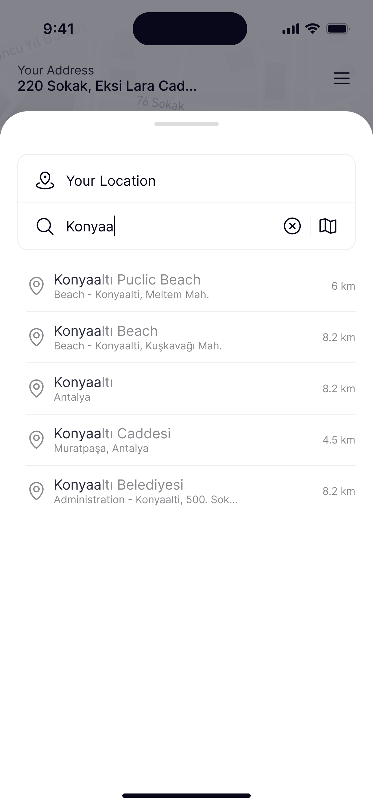 Search: Results show how far each place is, so people choose with confidence before the route is drawn.