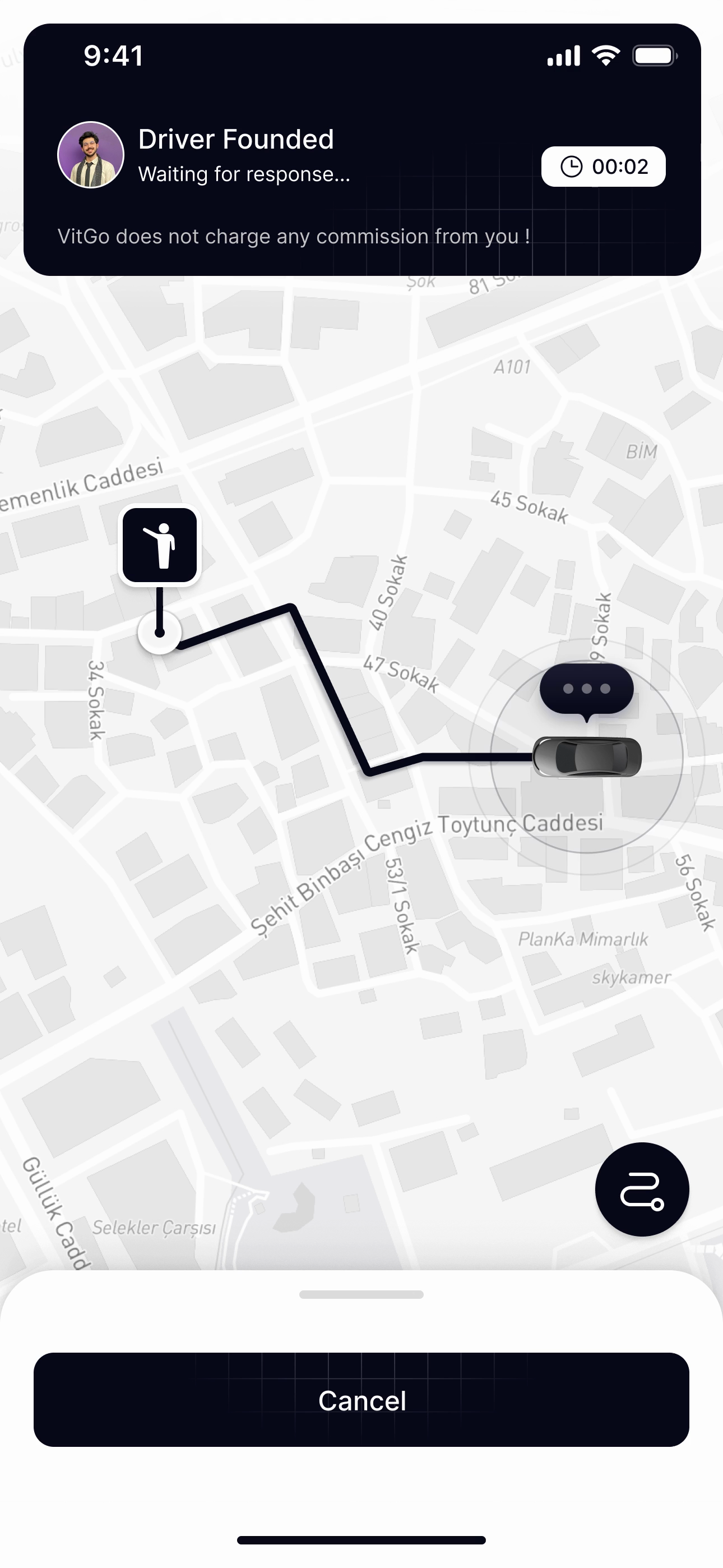 Driver found: While the driver decides, soft ripples keep reaching their car and three dots wait for their answer, so the wait never looks frozen.