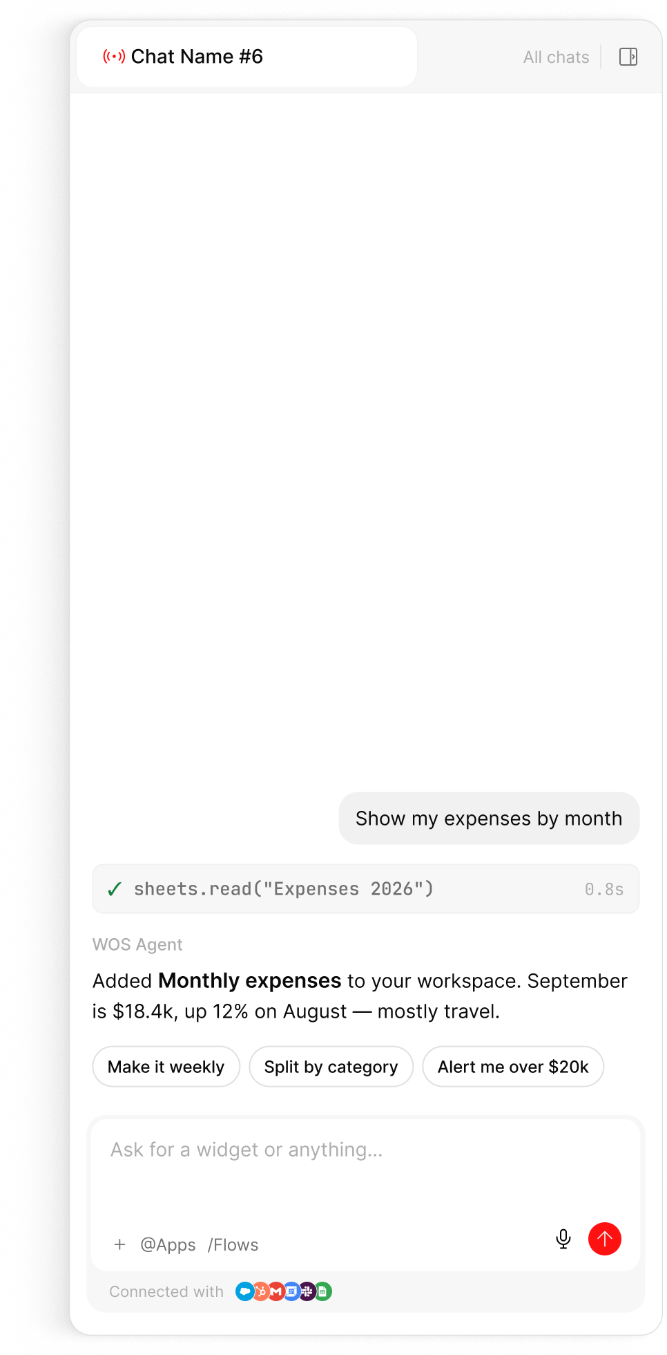 Chat: The answer, the tool call behind it and quick follow-ups, all in one panel.