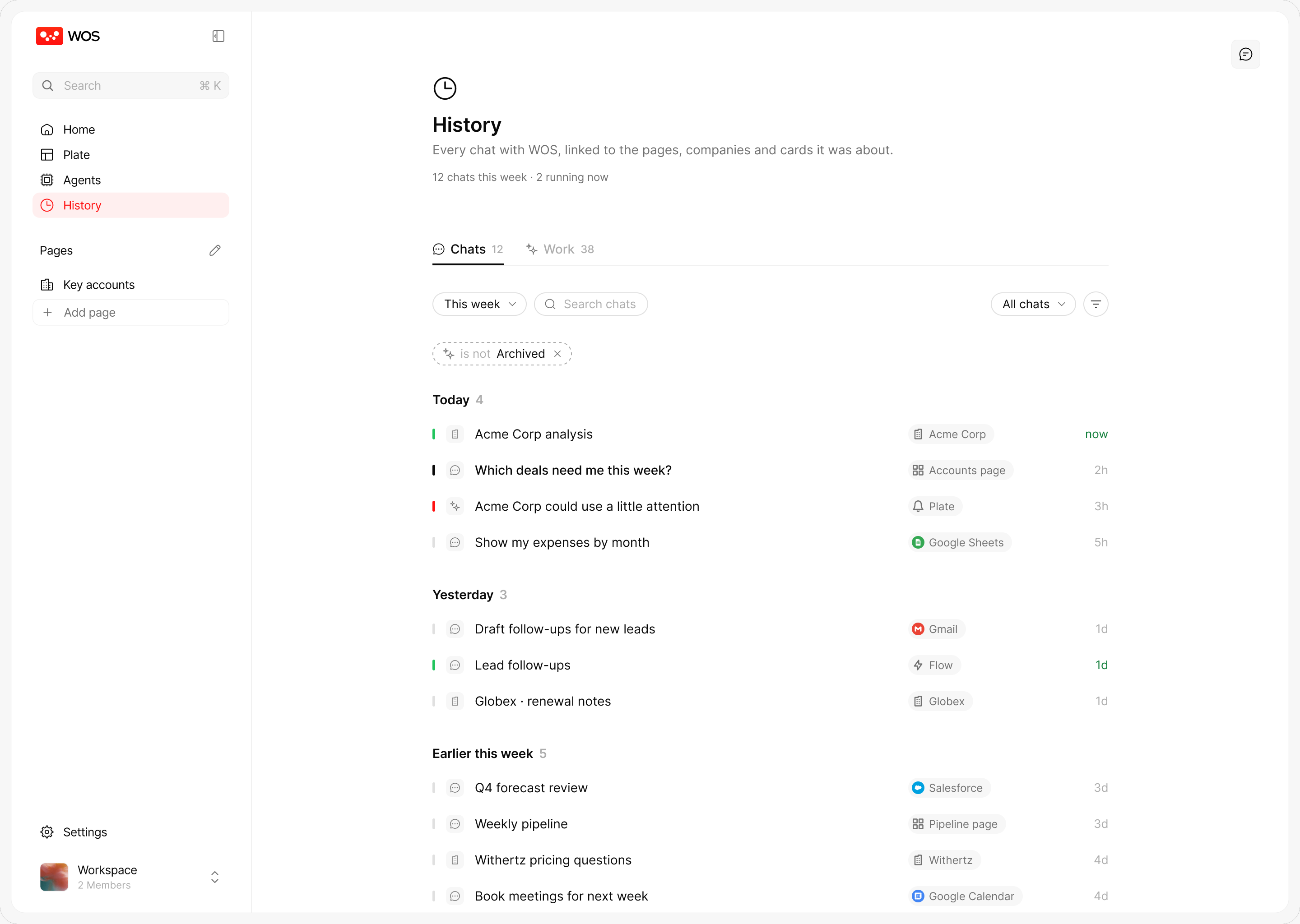 Chats: Every chat, linked to what it was about: a company, a page or a Plate card.