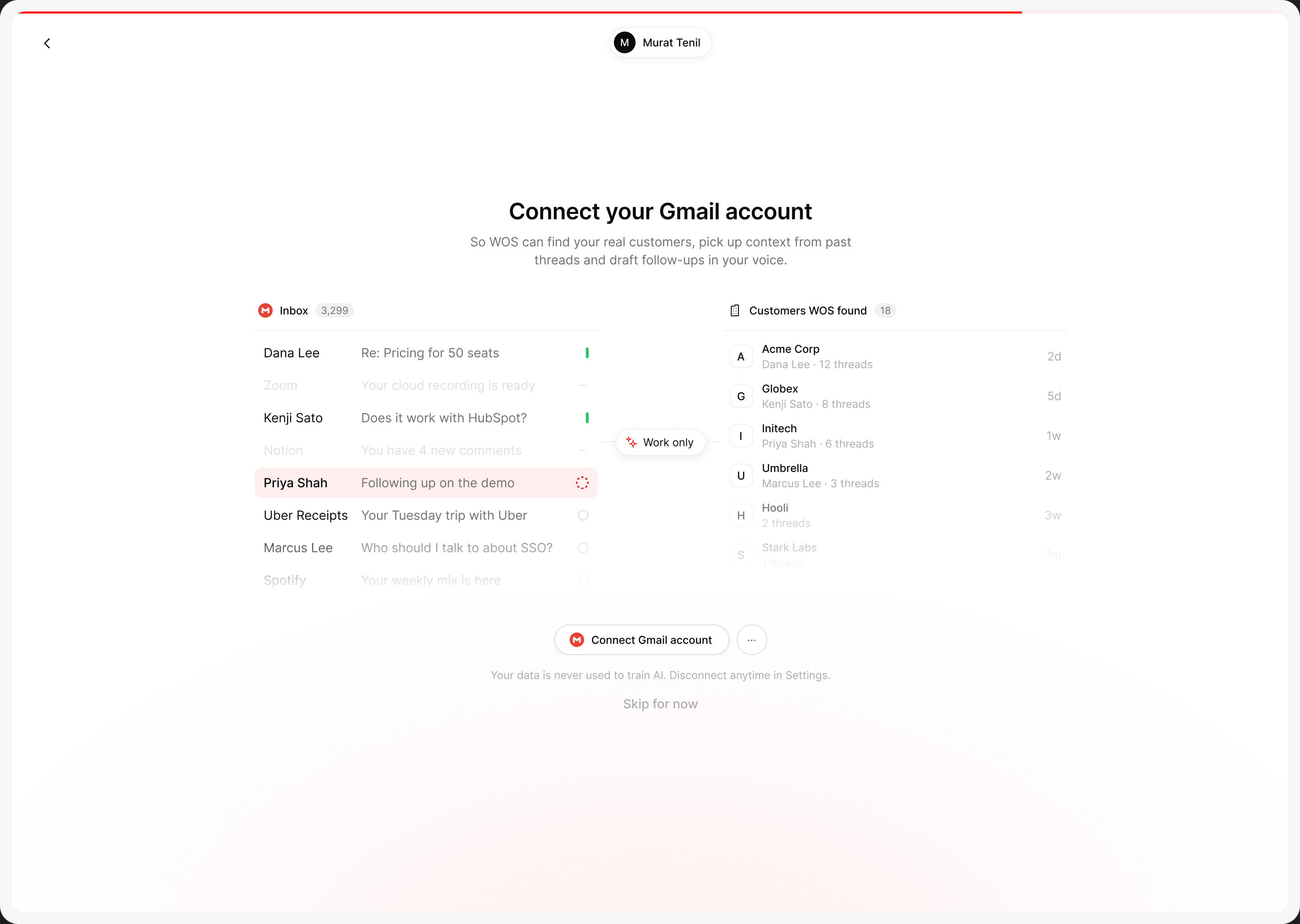 Connect email: It shows what WOS will read and what it skips: work only, never personal mail.